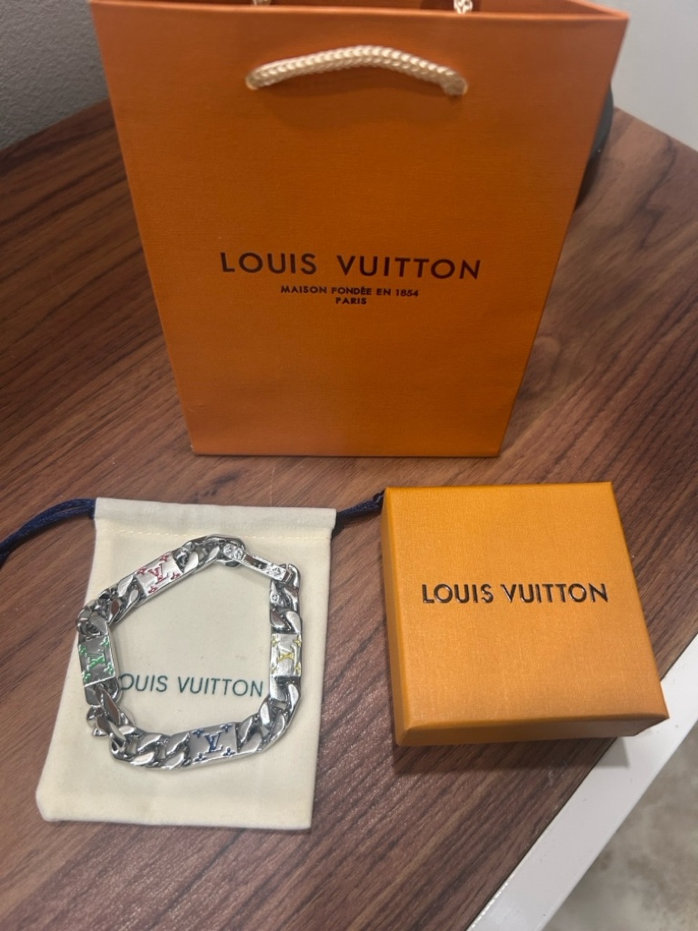 Louis Vuitton Monogram Chain Bracelet Silver Multicolor Enamel LV Motif